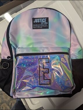 Justice Iridescent Holographic Backpack - Lavender/Blue/Green Letter E New
